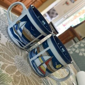 Vintage SET Coffee Tea Mug With Sailing Boats In The Ocean